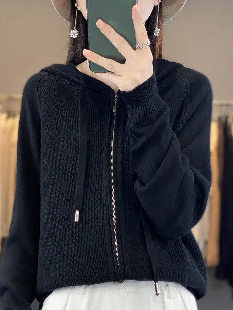 2024 autumn and winter hooded cardigan women\'s knitted top loose sweater casual solid color double zipper cardigan top