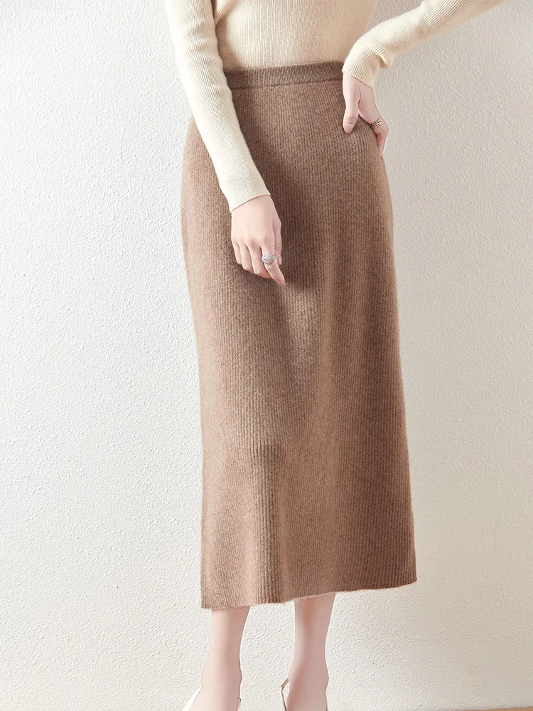 100% Pure Wool midi Skirt new Women's autumn and Winter mid Long style high Waist Slimming Cashmere Skirt Knitted Versatile hip