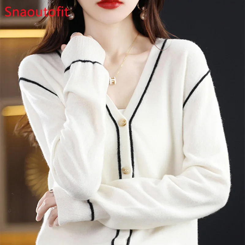 2023 Spring Match Colors V-Neck Wool Cashmere Knitted Cardigan Women\'s Long-Sleeved Top Loose Large Size Outer Wear Coat Sweater