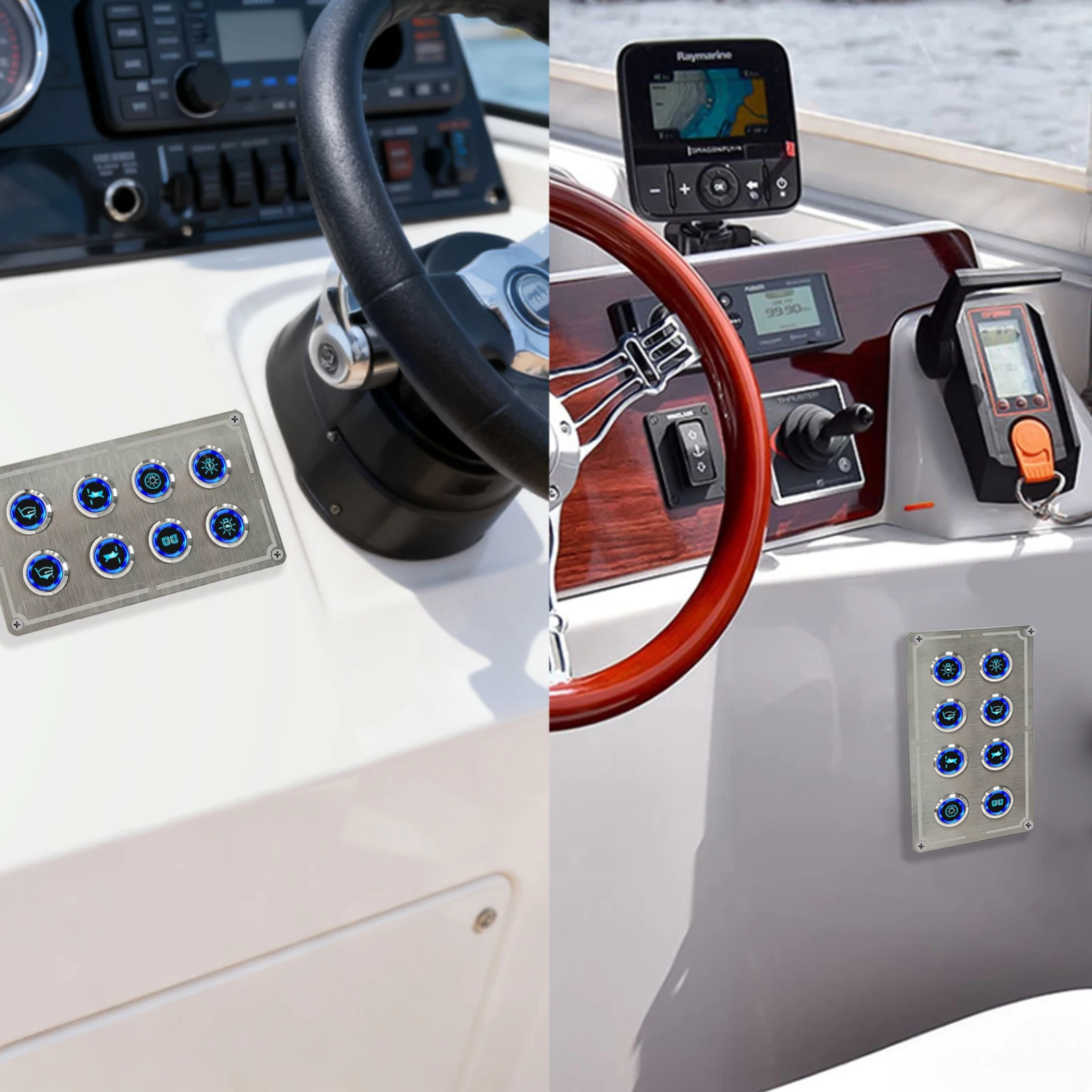 8-Wege-Schalttafel für den Marinebereich, wasserdicht, Edelstahl, 12 V, EIN-AUS, blaue Beleuchtung, Drucktastentafel für Boot, Wohnmobil, Camper, Yacht, Jeep – Detail 2