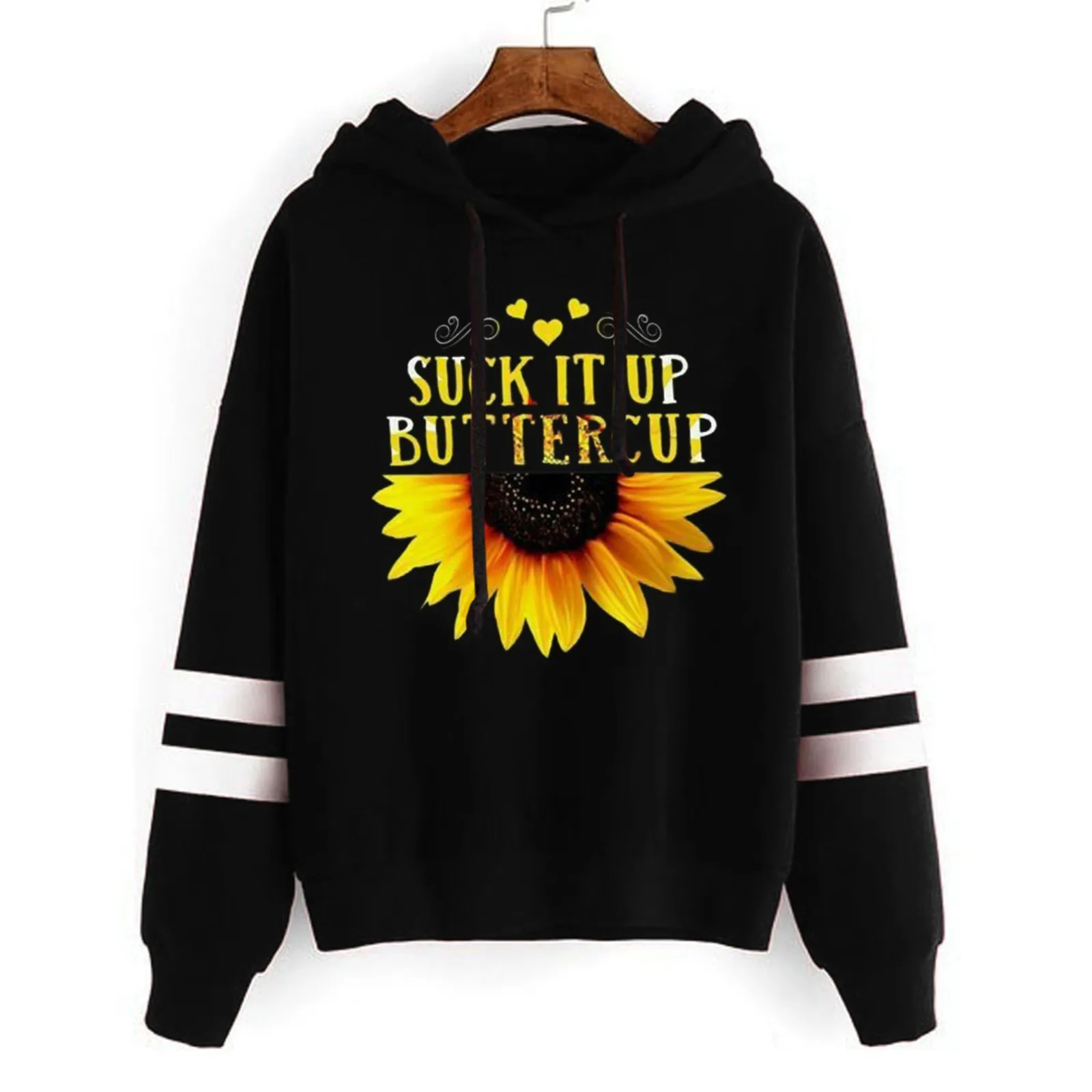 Hoodies Sweatshirt For Women 2024 Sunflowers Letter Stripe Print Long Sleeve Cropped Pullover Top Streetwear Warm Female Clothes