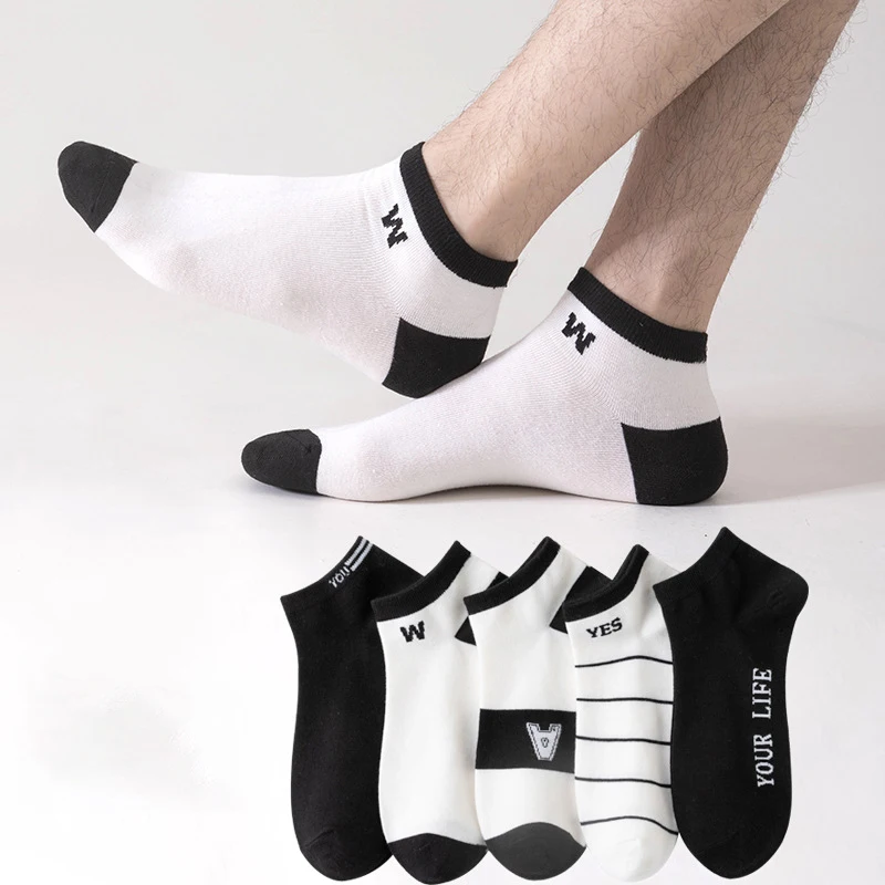 

5 Pairs Simple Thin Men Socks Summer Low Top Socks Black And White Letter Short Tube Men's Socks Invisible Boat Socks