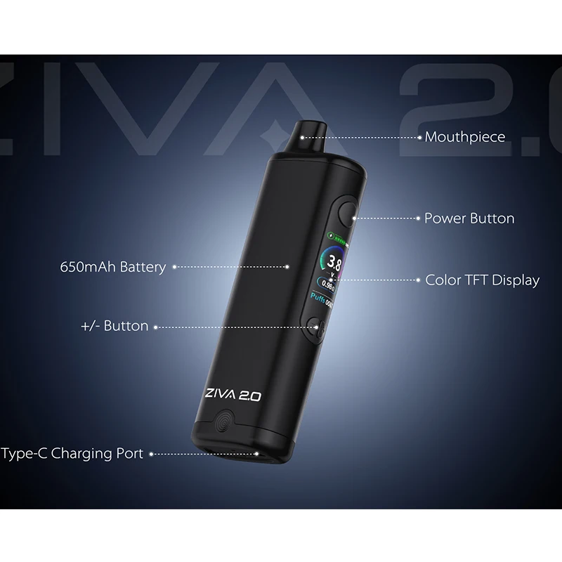 Original Yocan Ziva 2.0 Vaporizer Mod 650mAh Battery LCD Color Display Variable Voltage 1.8-4.2V For 510 Thread Cart E-Cigarette view 3