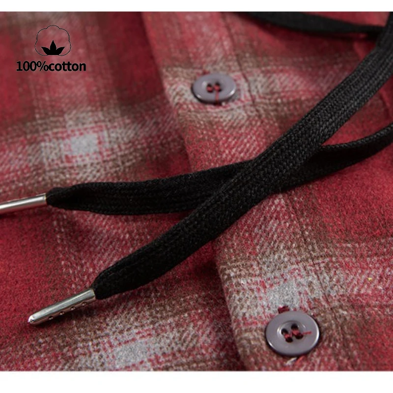 アメリカンヴィンテージチェック柄フード付きシャツジャケット、男性と女性用、ミッドレングスのリラックスフィットカジュアルアウターウェア、春/秋用