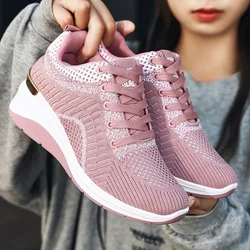 2024 primavera traspirante Sneakers con zeppa donna maglia piattaforma lavorata a maglia scarpe sportive donna Casual antiscivolo stringate scarpe da Tennis donna