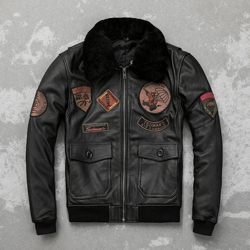 Detachable Natural Fur Collar Genuine Cowhide Men Leather Patches Flight Air Force Pilot Coat Winter Bomber Jacket