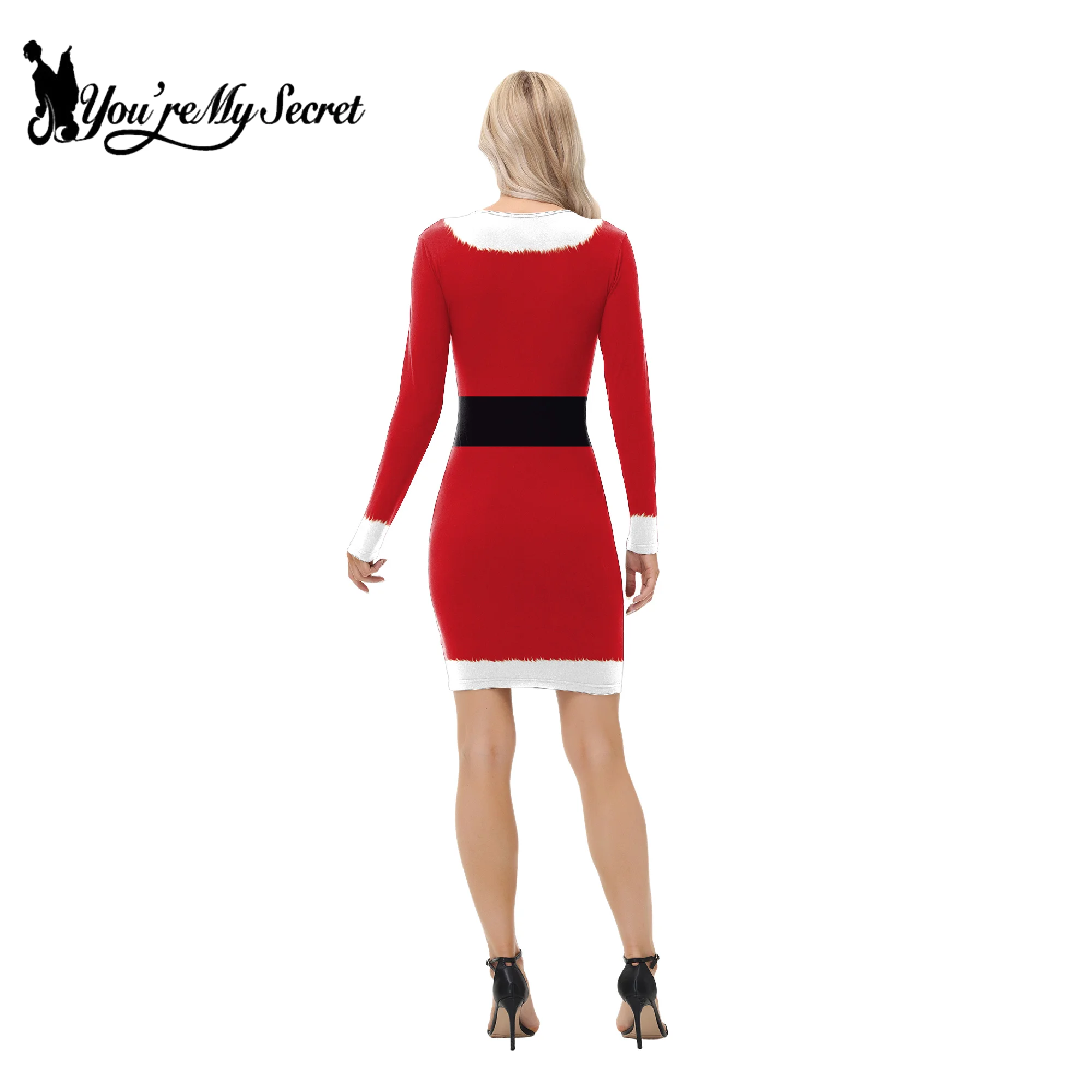 [คุณความลับของฉัน] ผู้หญิงคริสต์มาสชุดบางซานตาคลอสแต่งตัวเครื่องแต่งกายมนุษย์หิมะพิมพ์พรรคแขนยาวชุดแฟนซีเซ็กซี่