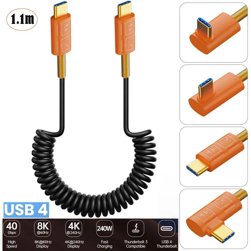 Custom 1m Spring Retractable USB4 Dual Head Type C Male Data Cable Thunderbolt Notebook 40Gbps Silver Plated Iron Fluorine Foam