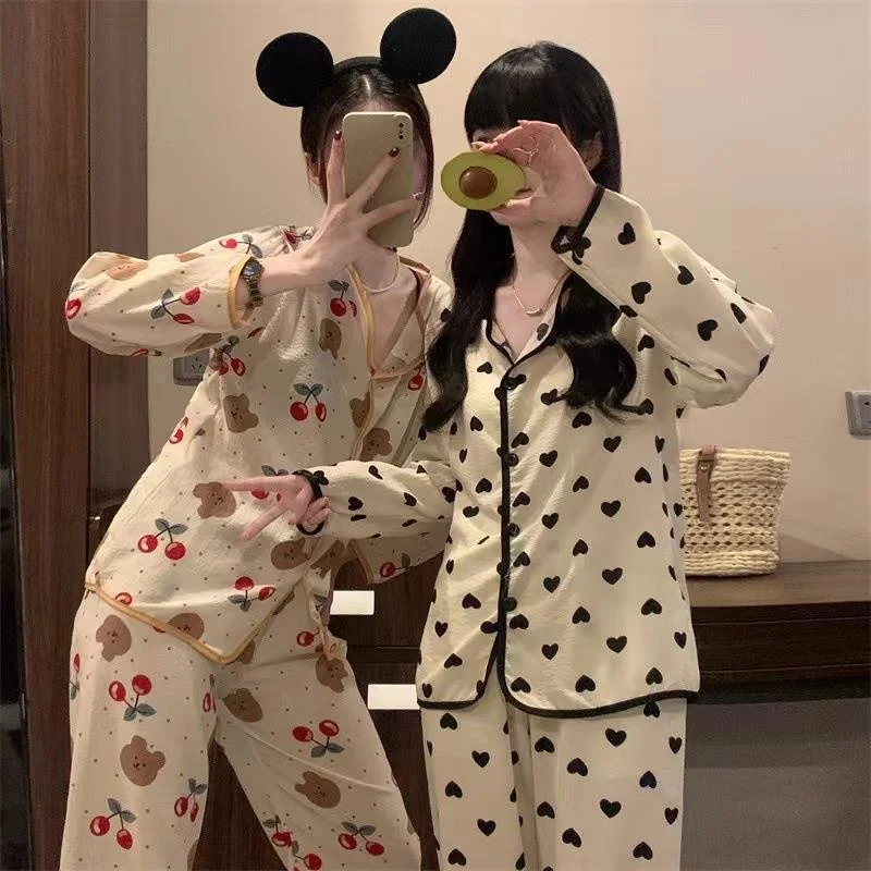 SP&CITY Cartoon Cute Patterned Cotton Long Sleeve Pajamas Suit Women’s Korean Fashion Breathable Sleepwear Spring Autumn Pajamas