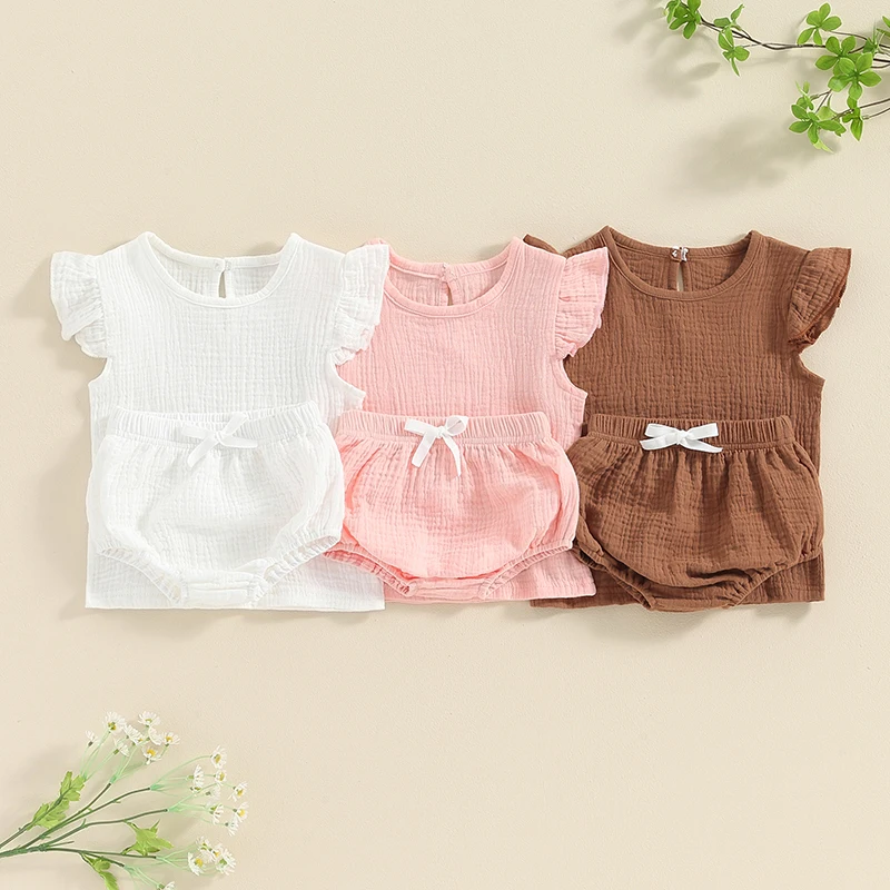 

Newborn Baby Girl Summer Clothing Sets Solid Color Fly Sleeve Round Neck T-Shirt with Shorts Infant Toddler Cotton Outfits