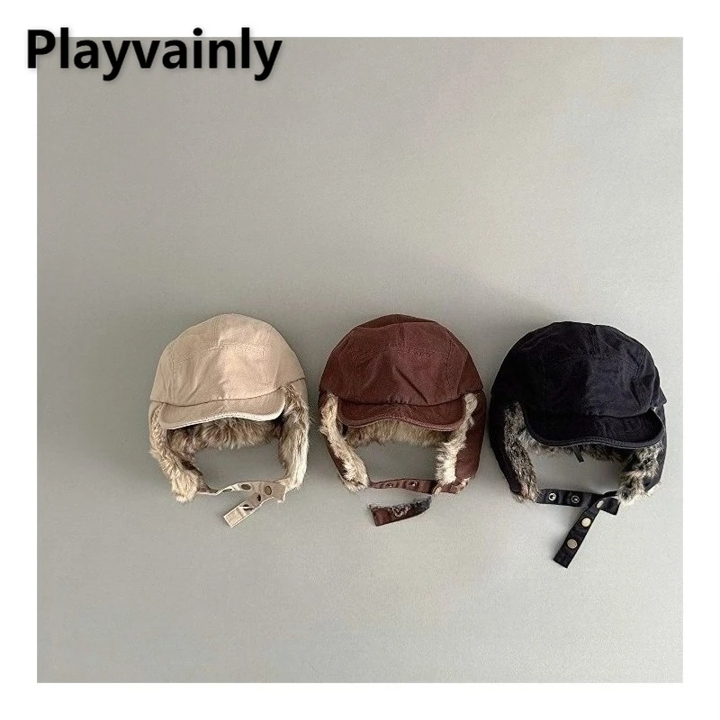 

2025 New Winter Kids Retro Fleece Warm Ear Protection Hat Khaki Brown Black Thickened Cold Proof Cap Children Accessories H1660