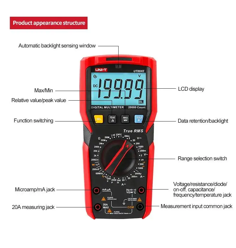 UNI-T UT89XE 디지털 멀티미터 전문 테스터, True RMS 수동 범위, DC AC 전압계, 캐패시터 온도 계량기