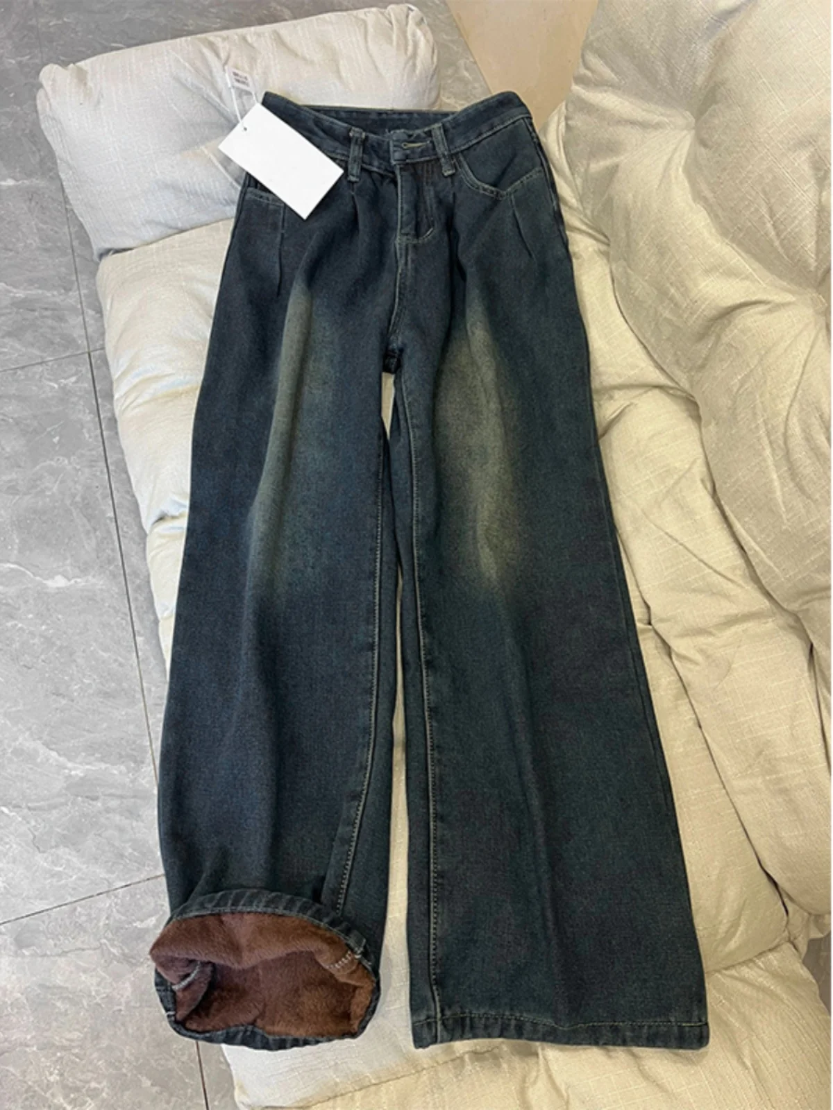 

Retro Fce Wide Leg Jeans Women's High Waist Cement ey Floor-Length Straight Cut Trousers Spring Faion plus Size