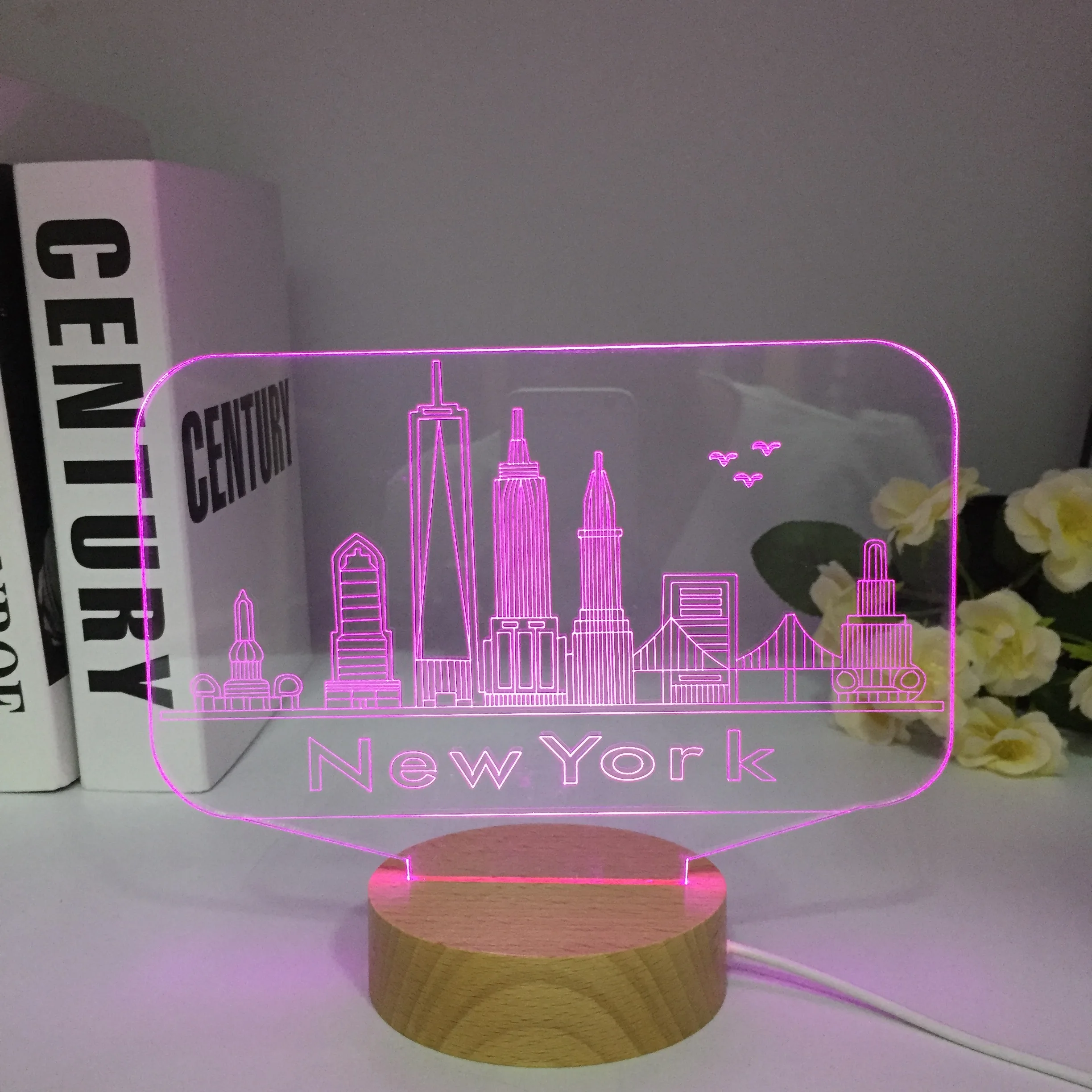 New York Buildings 3D Night Lamp for Home Decor Nightlight Colors Change Acrylic Led Night Light Wooden Christmas Gift Birthday