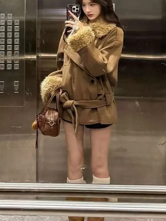 

Женское шерстяное пальто Sweet Sle Thiened, зимнее хлопковое лоскутное пальто кофейного цвета, верхняя одежда с застежкой на талии pe