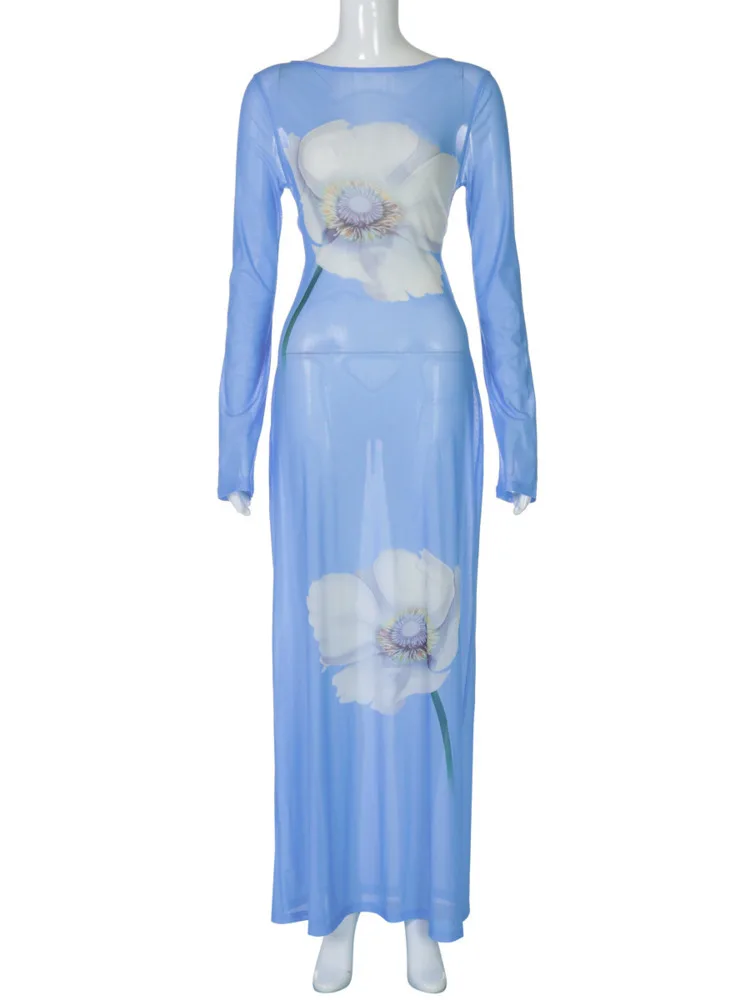 فستان ماكسي مثير بطباعة شبكية من Blifanbo للنساء بأكمام طويلة وظهر مكشوف فستان صيفي مثير للعطلات #6