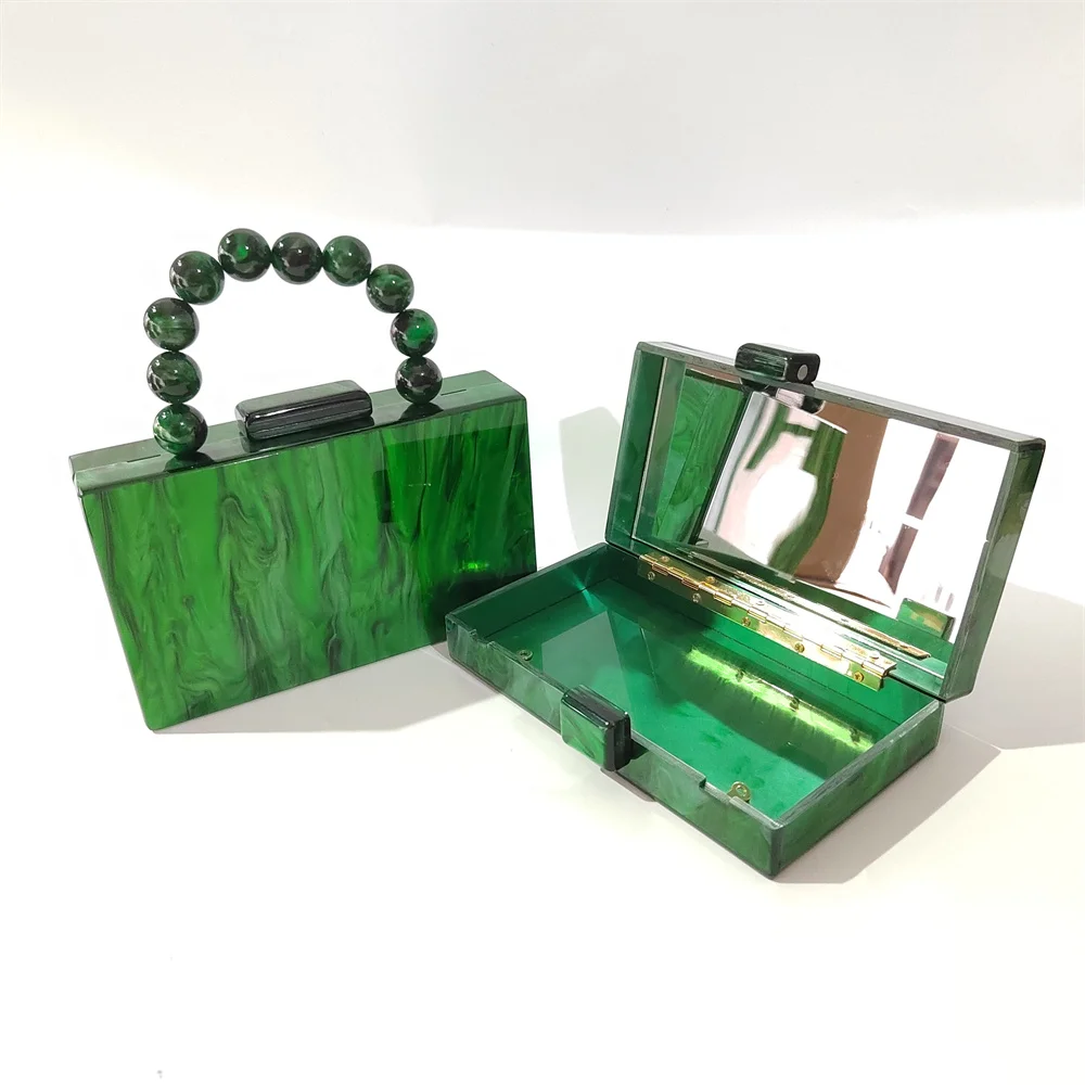 Pearl Marble Green Acrylic Box Clutches Handmade Shell Evening Female Lady Beach Summer Travel Party Bolsos Handbags Wallets