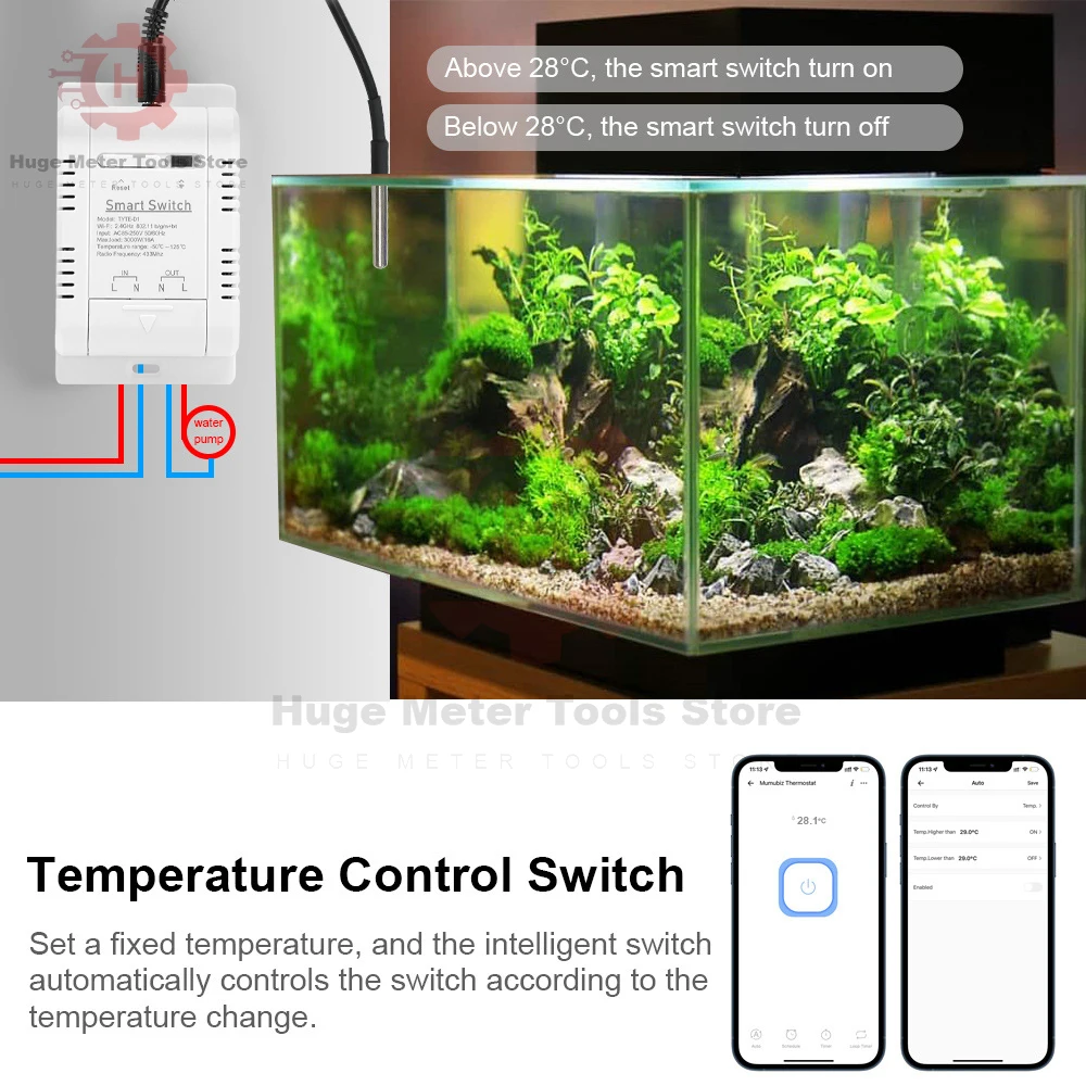 Tuya Wifi Smart Temperature Humidity Switch Power Monitor with Thermostat Probe Sensor for Fish Tank Greenhouse Warehouse