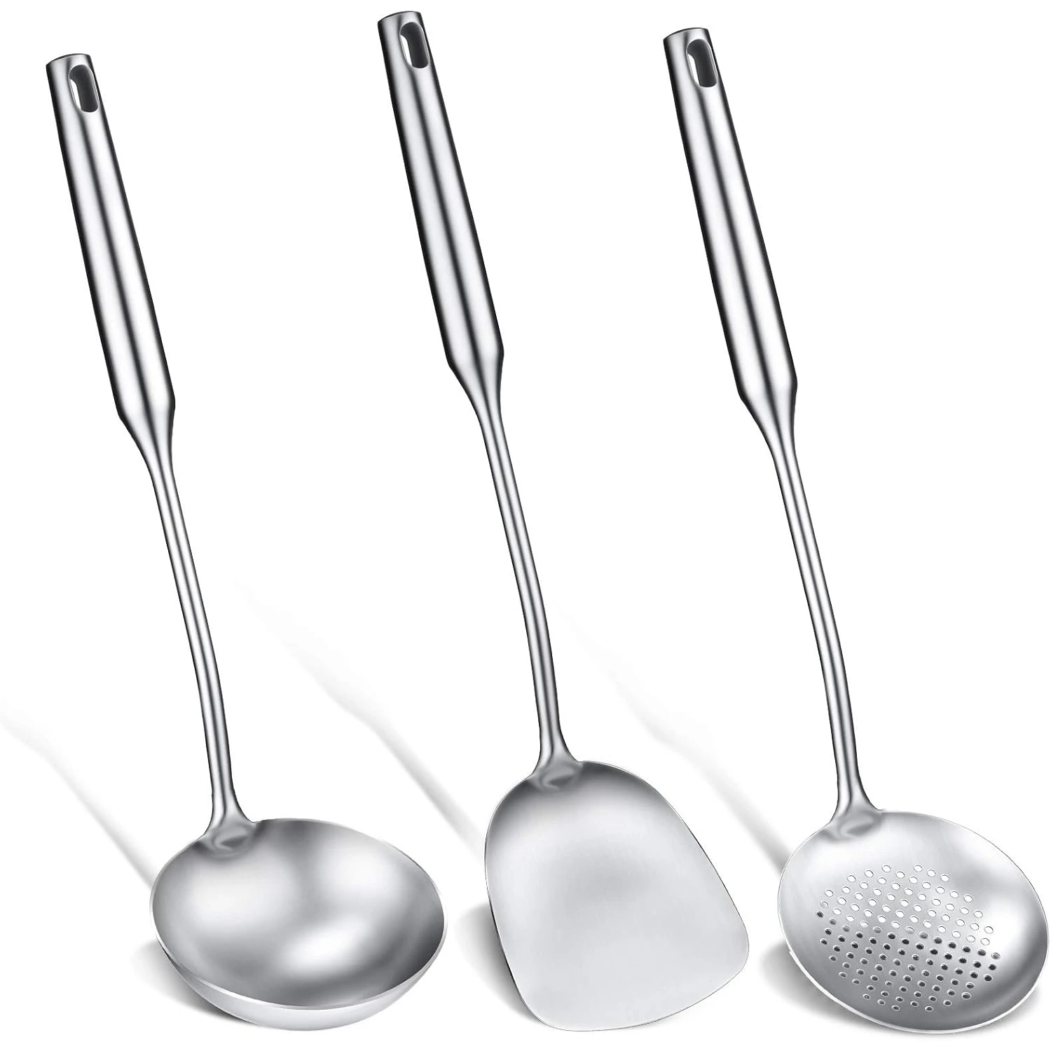 Wok Spatula, Ladle and Large Slotted Spoon, Stainless Steel Wok Utensils All Metal, Utensils Skimmer Ladle Tool Set, 15in