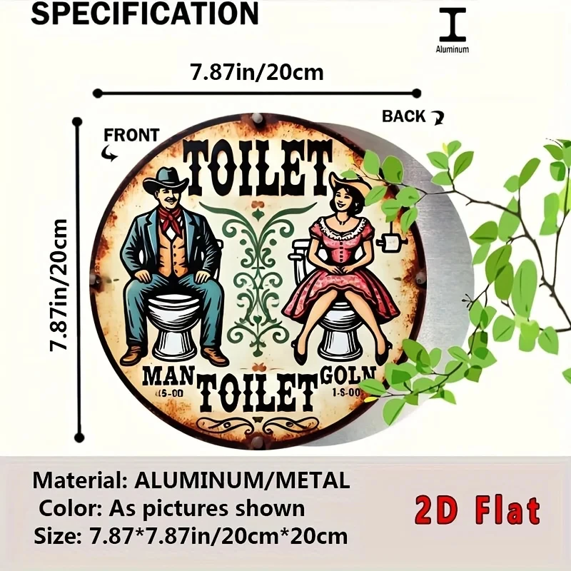 2D Flat, 1 Piece Vintage Aluminum Toilet Sign - Country-Style Wall Decoration with 