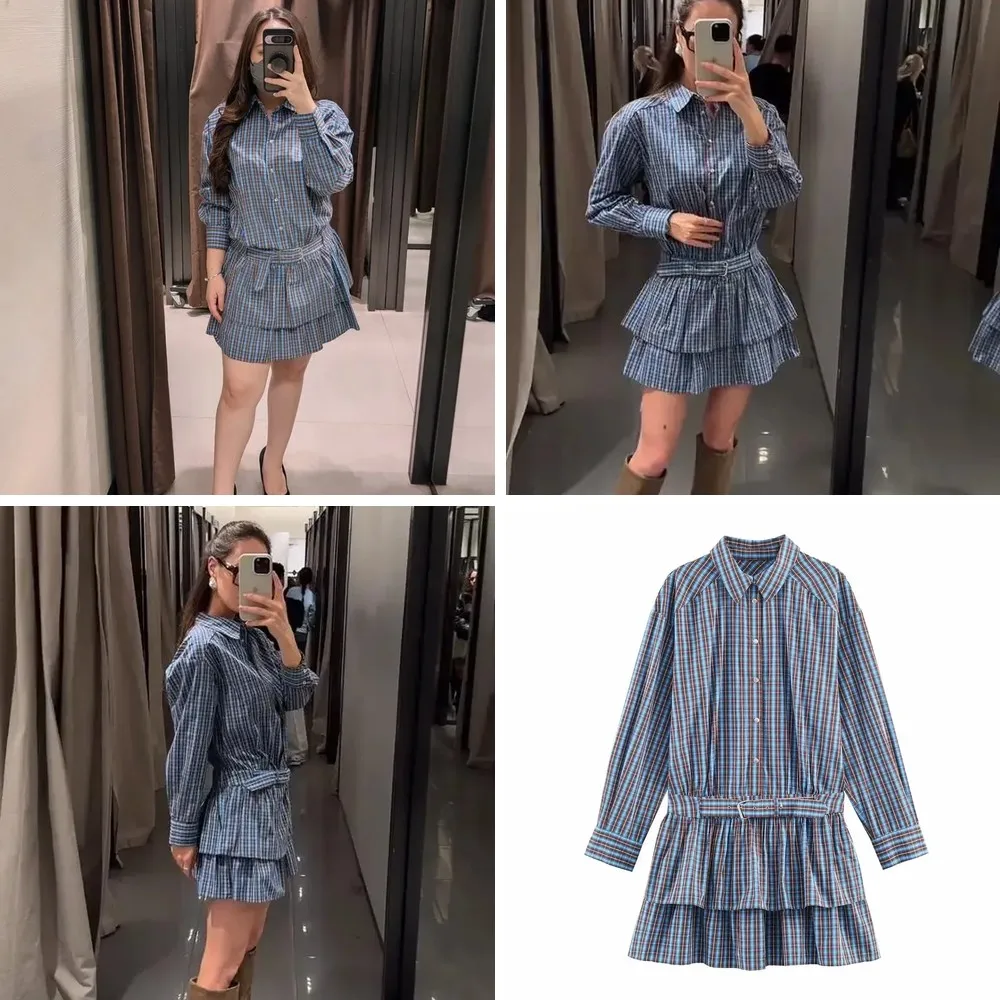 

Elegant Plaid Mini Dress for Women, Tiered Long Sleeve with Belt for Waist Cinching, Chic Daily Commute Outfit(72 characters)