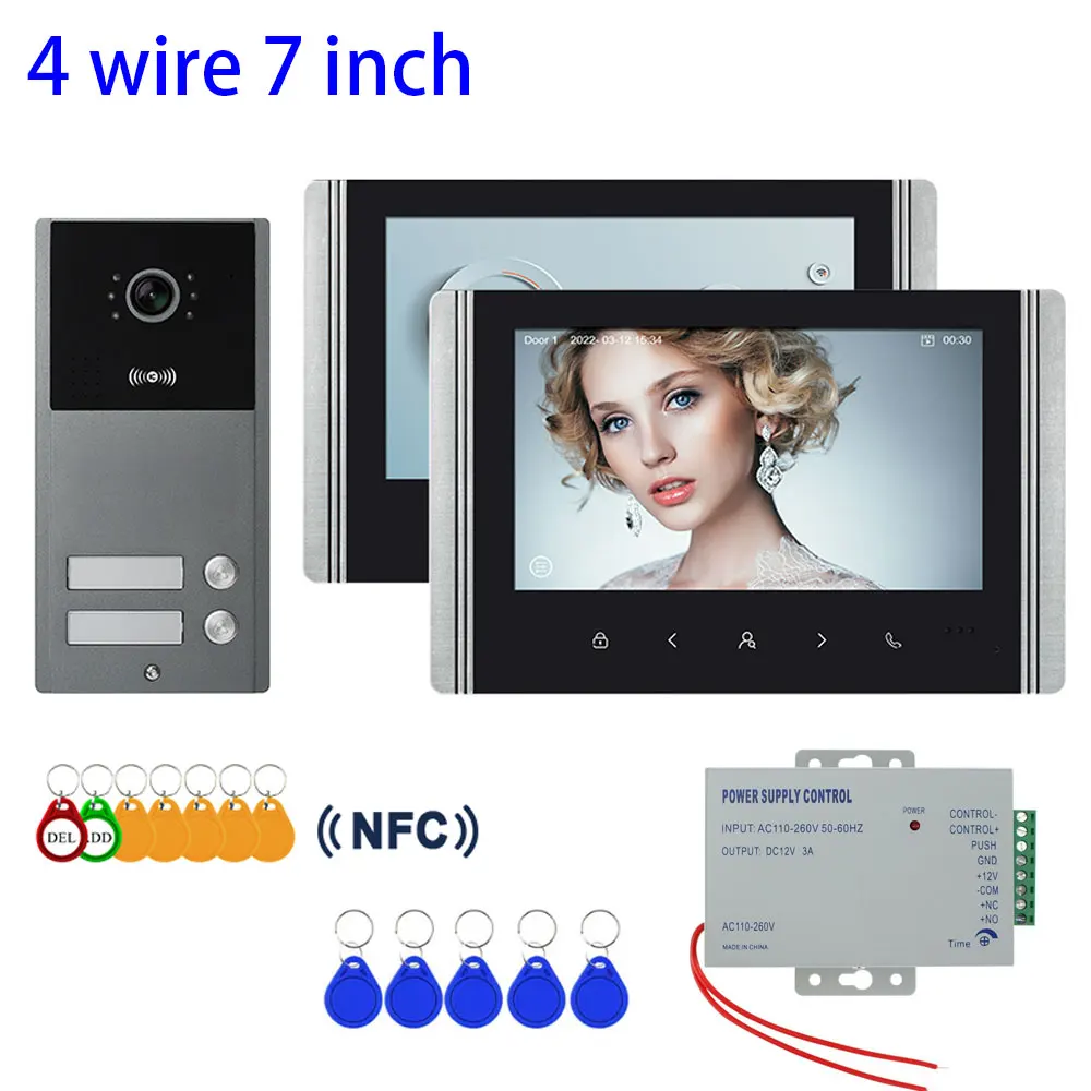 Interphone vidéo pour bâtiment d'appartement, 4 fils, 7 pouces, sonnette de porte, caméra avec 2/3/4