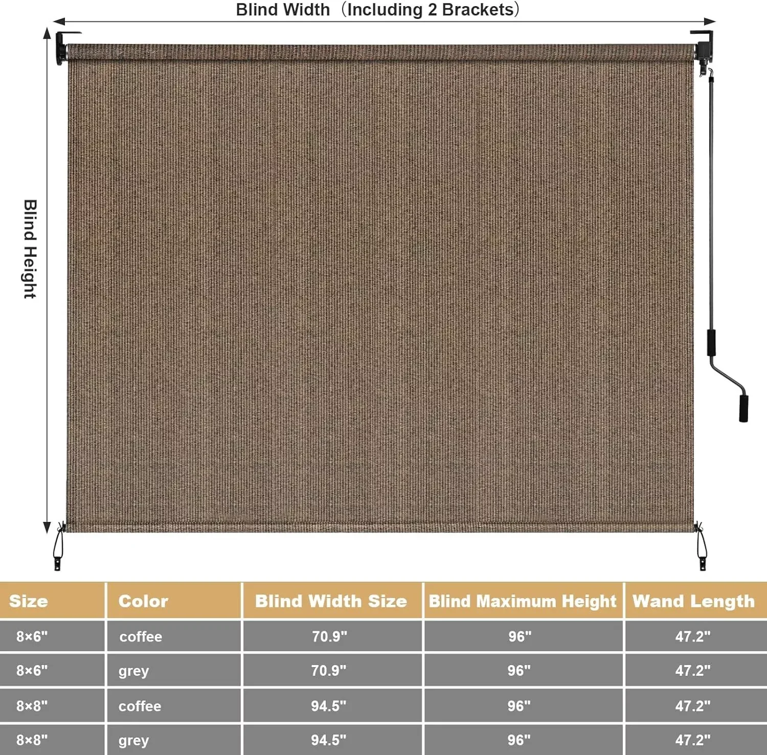 Rolgordijn voor buiten, draadloze rolgordijn met 90% UV-bescherming, rolgordijnen, geen volant (240 cm B x 240/180 cm L)