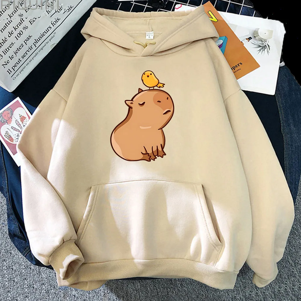 Capybara with His Bird Friend Hoodies Women Kawaii Animal Cartoon Graphic Sweatshirt Boys/girls Long Sleeve Mens Top Y2k Clothes