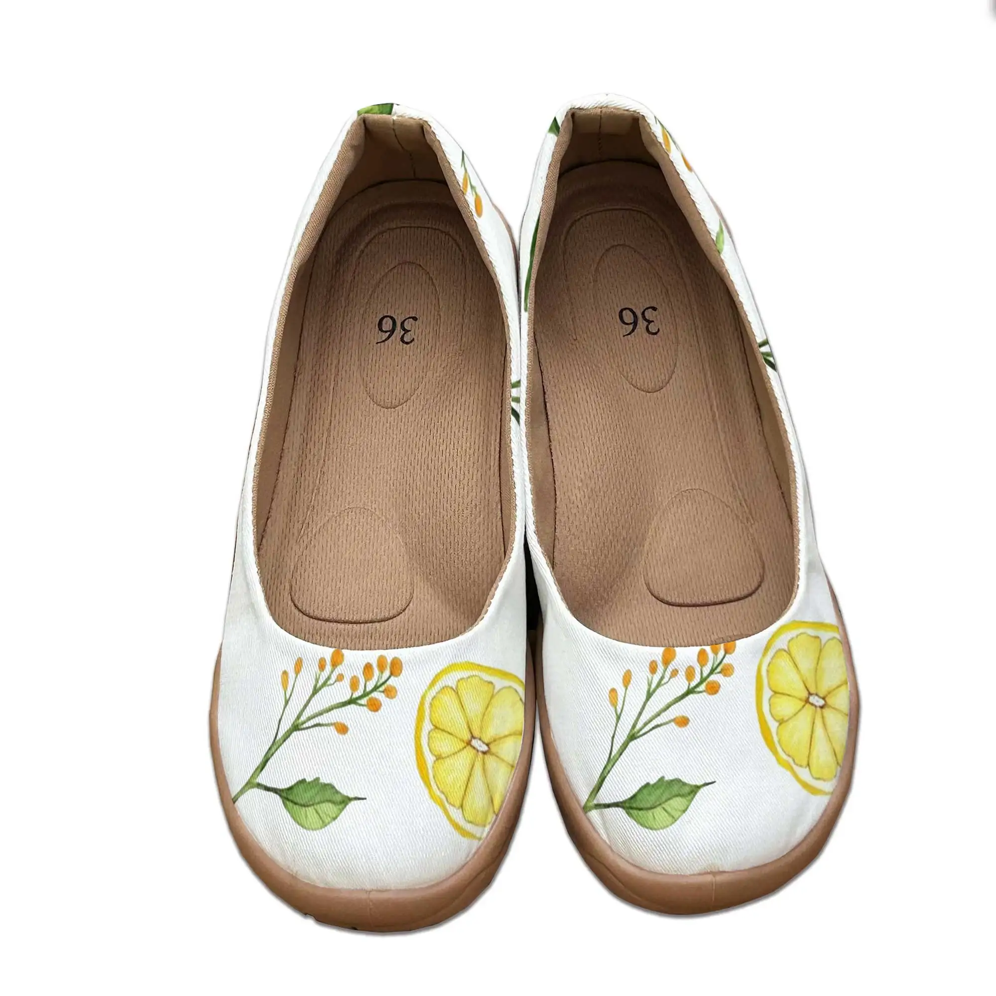 Fresh and Simple Lemon Petal Print Wide-Fit Fashion Women's Shoes, Slip-On Soft-Soled Shallow Shoes, Wide Toe That Doesn'T Squeeze the Feet, Lazy Shoes for Wide Feet