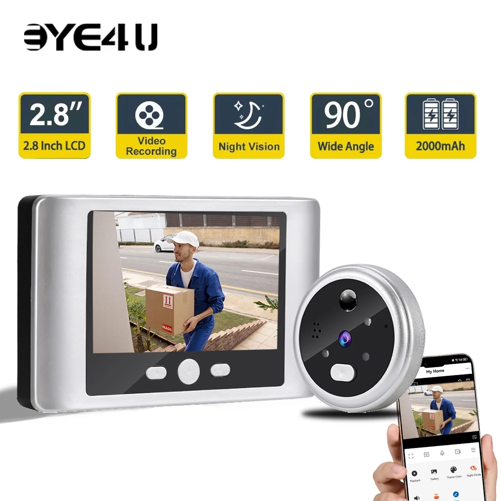 

3-мегапиксельный видео дверной звонок, глазок, 2,8-дюймовый ЖК-экран, PIR-детектор движения, дверной звонок 100 ° Широкоугольная интеллектуальная беспроводная камера для просмотра дверей