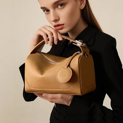 BURMINSA Luxury Genuine Leather Boston Bags For Women 2026 Top Handle Cowhide Shoulder Crossbody Purses Office Ladies Handbags