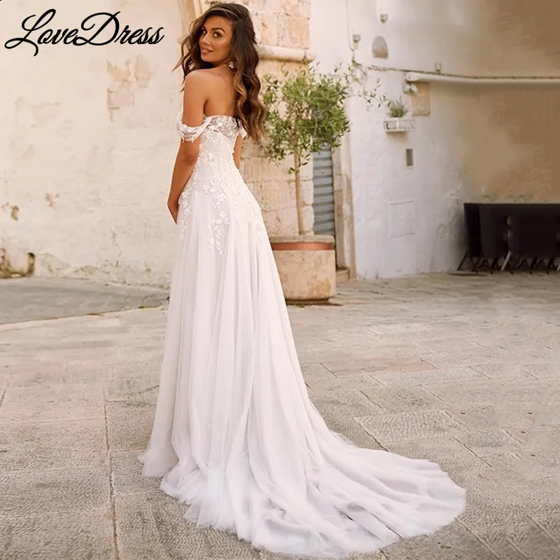 فستان زفاف من LoveDress ذو رقبة قارب مثير للعروس على شكل حرف a فستان عروس أنيق مكشوف الأكتاف مزين بالدانتيل بدون ظهر Vestido De Novia