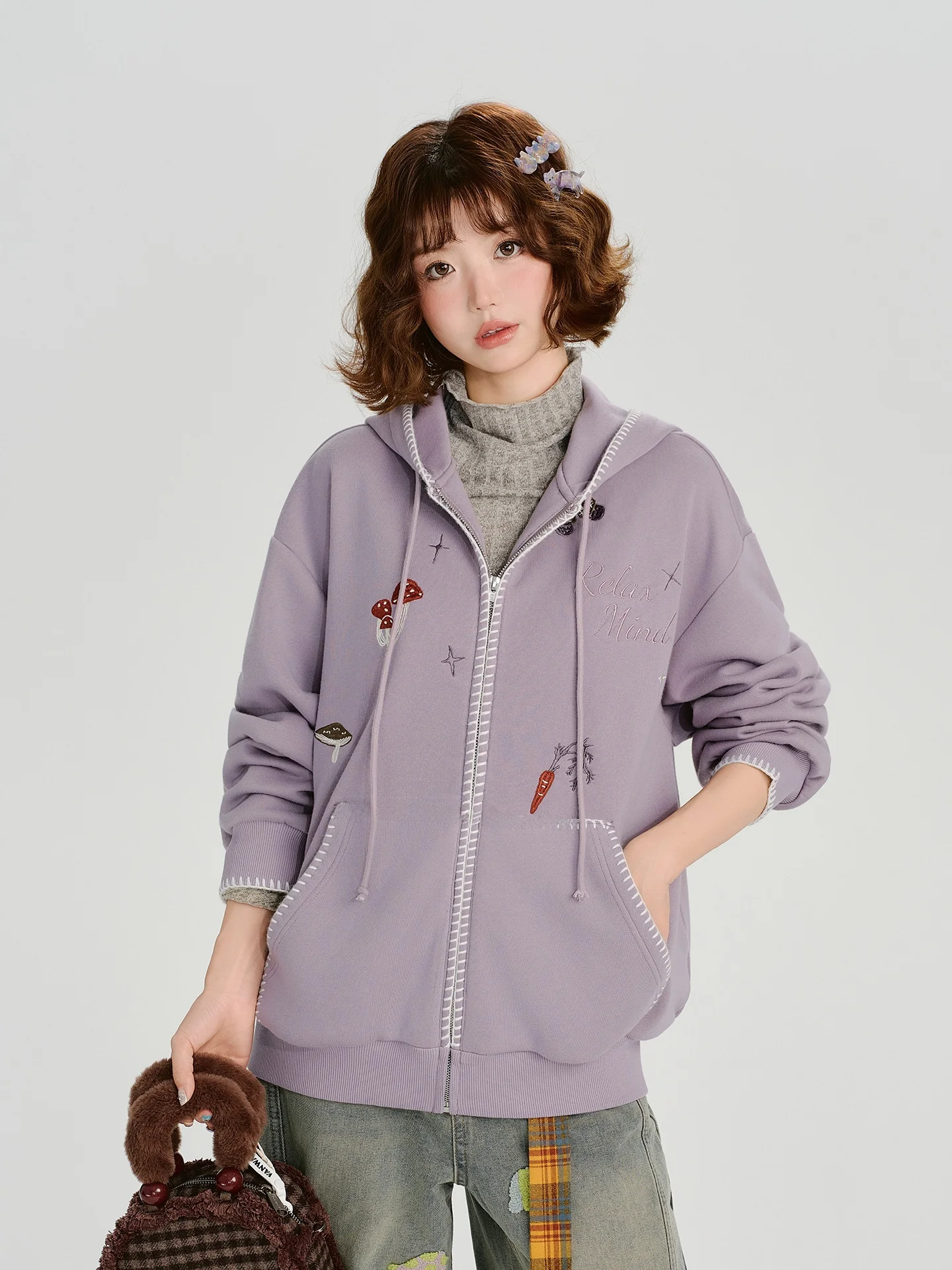 

Girly American Retro Embroidery Design Hoodie Jaet Women's Autumn Winter Fce Loose Top Casual Sle Zipper Closure