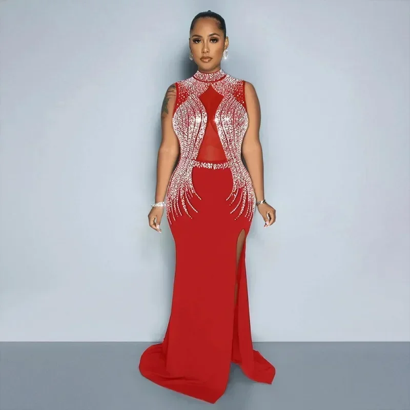 GUWU-Vestido largo sexi de malla transparente con diamantes de imitación para mujer, vestido largo sin mangas con abertura, vestidos de fiesta de noche ajustados