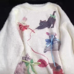 Korean style bow cartoon dog cat sweater women's autumn and winter new sweet mink velvet wearing soft waxy sweater casual top.