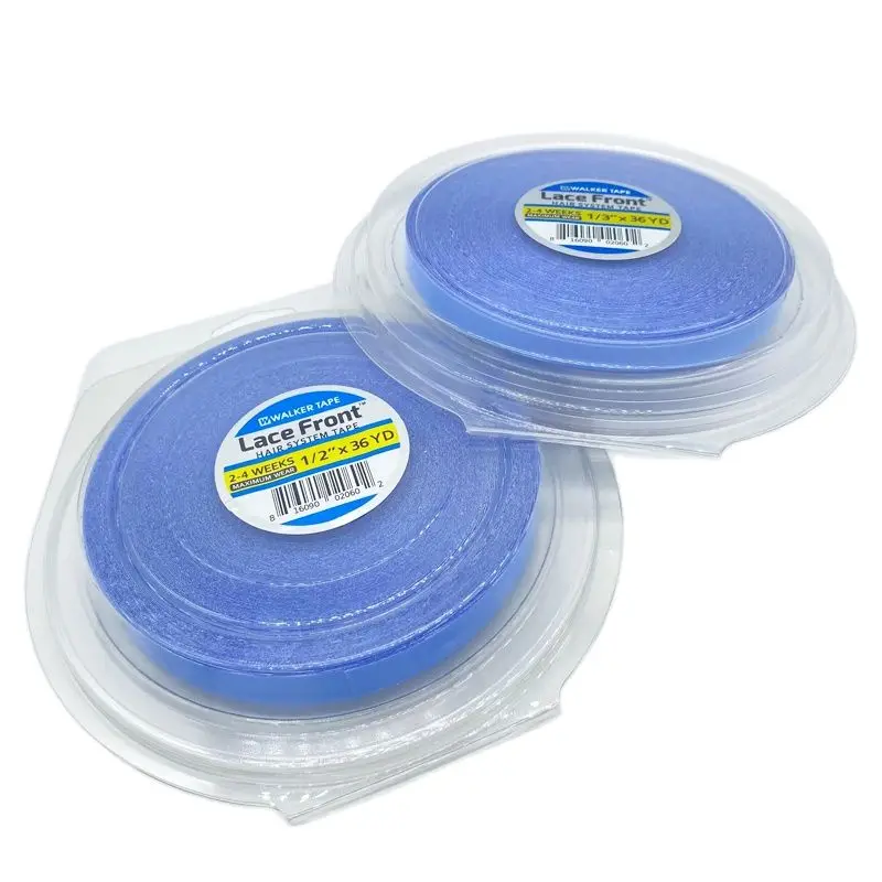 Tape ekstensi rambut renda biru, semua dengan kotak 0.8/1.0/1.27cm lebar 12 yard pita depan renda ganda