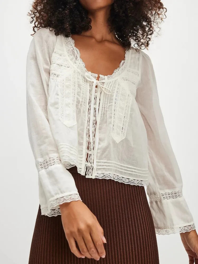 

2025 Autumn New Women's Y2K Fairy Long Sleeve U Neck Shirts Lace Patchwork See-through Tie-up Front Button-down Blouse Crop Tops