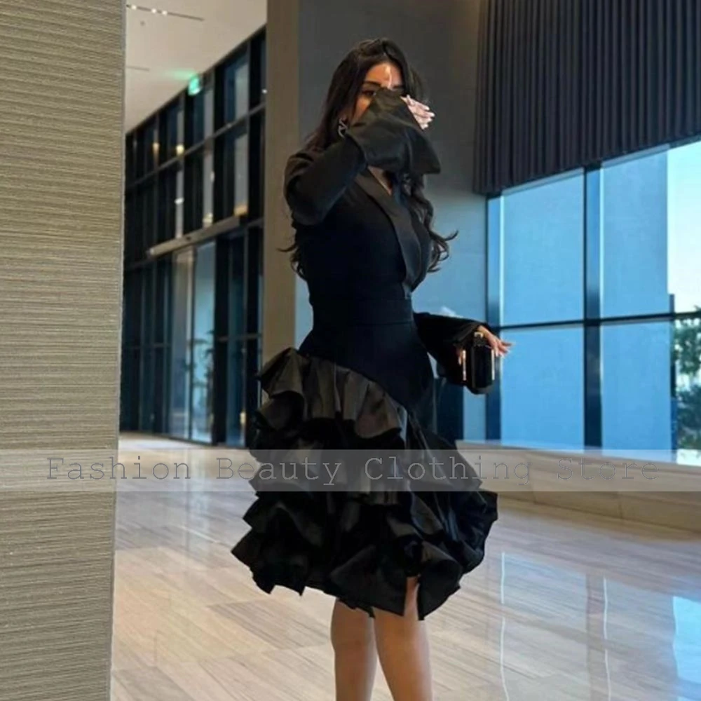 Elegant Sexy Cocktail Dresses Black Satin Ruffles A-line V-neck Knee Length Dresses  Elegant Party Dresses Woman Gowns 2024