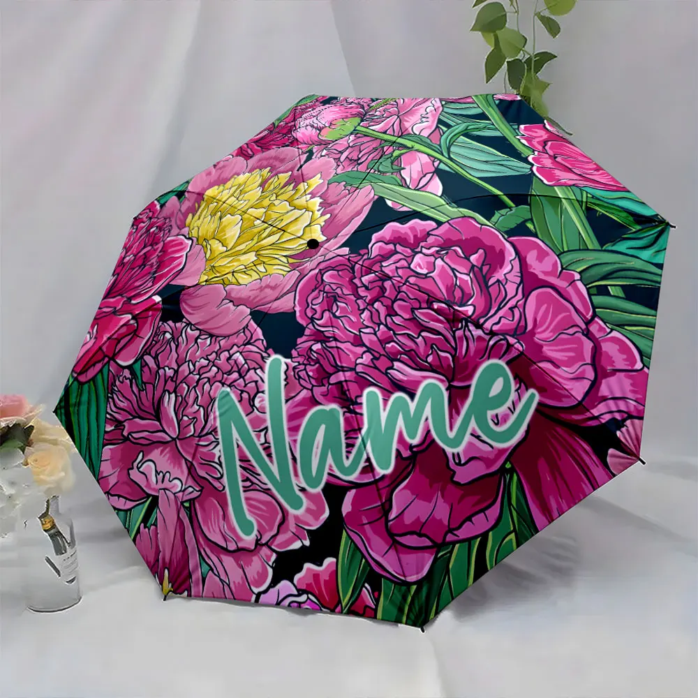 Custom Name Peony Design Umbrella with Custom Text 8 Iron Ribs Folding Umbrella Auto-Open Fashionable Sunshade Deluxe Gift