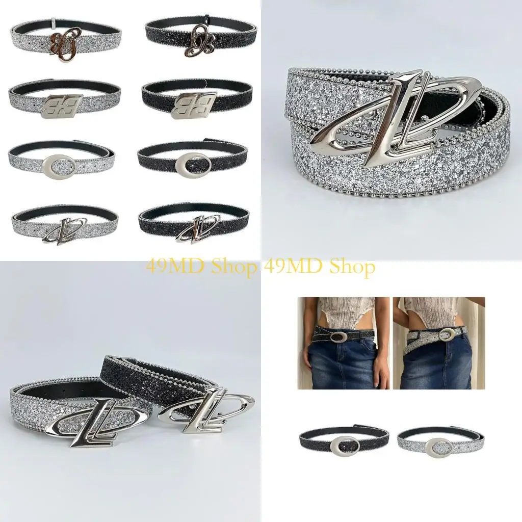 

49MD Blingbling Belt Metal Butterfly Buckle Belt for Jeans Pants Elegant Waistband