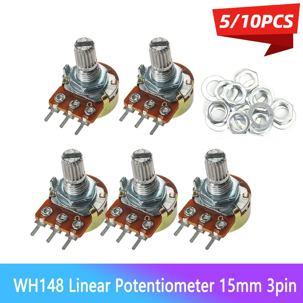 5/10PCS WH148 Linear Potentiometer 15mm 3pin Potentiometers Kit With Nuts And Washers 1K 2K 5K 10K 20K 50K 100K 250K 500K 1M