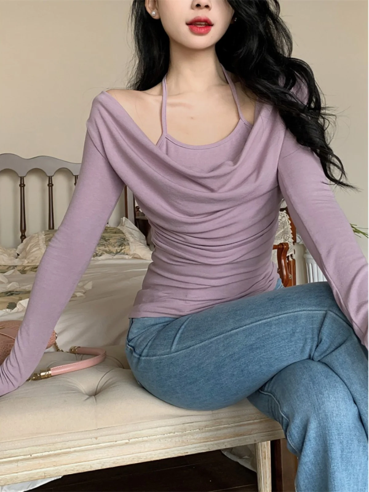 تي شيرت نسائي حلو وحار بقصة ضيقة ort Sve تي شيرت أرجواني قاعدة irt طويل Sve تخفيف Sle موسم الخريف Faion #3