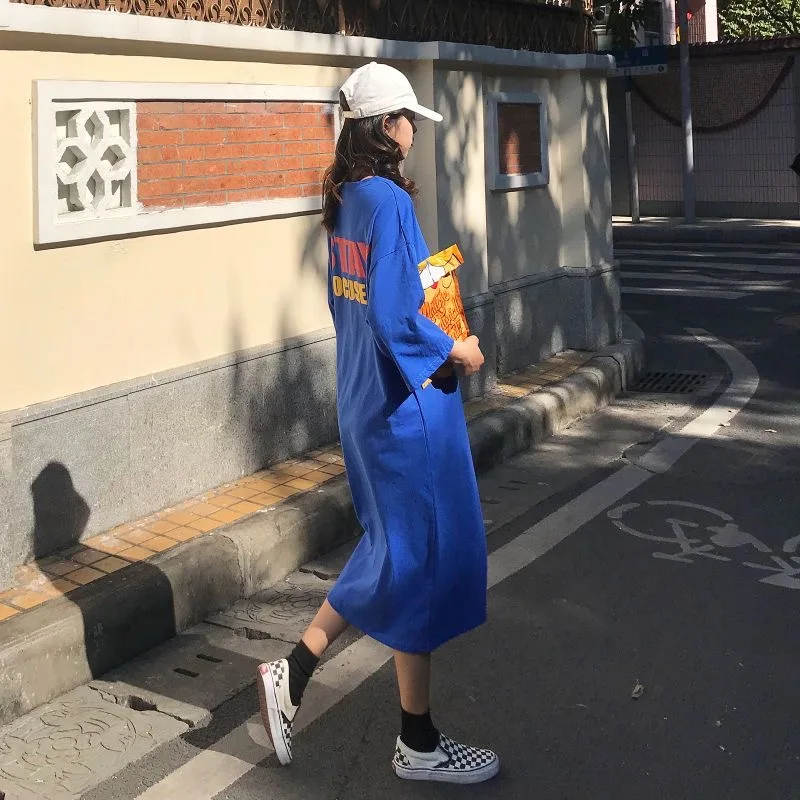 เวอร์ชั่นเกาหลีผู้หญิงขี้เกียจสไตล์หลวมสบายๆขนาดใหญ่ชุดยาวแฟชั่นฤดูร้อนพิมพ์รอบคอครึ่งแขนเสื้อยืดชุด