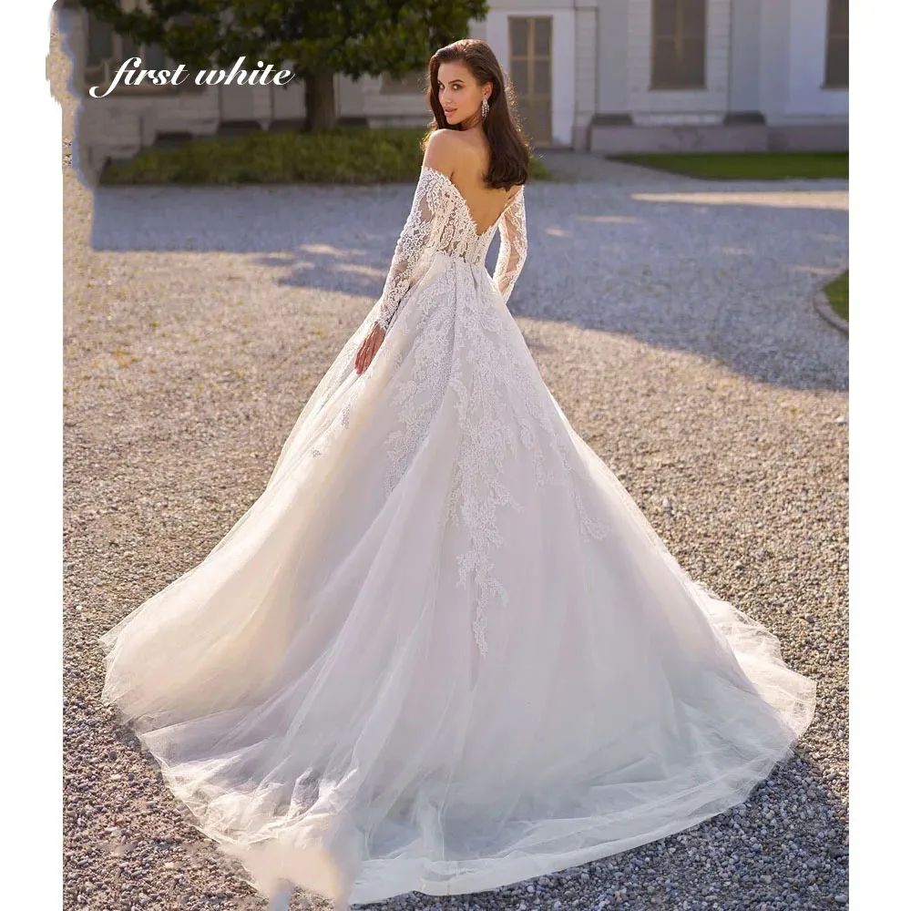 Off Shoulder Sweetheart Wedding Dress Long Sleeve Lace Tulle Deep V Back Ball Gown Bridal Gown Custom Dress With Chapel Train
