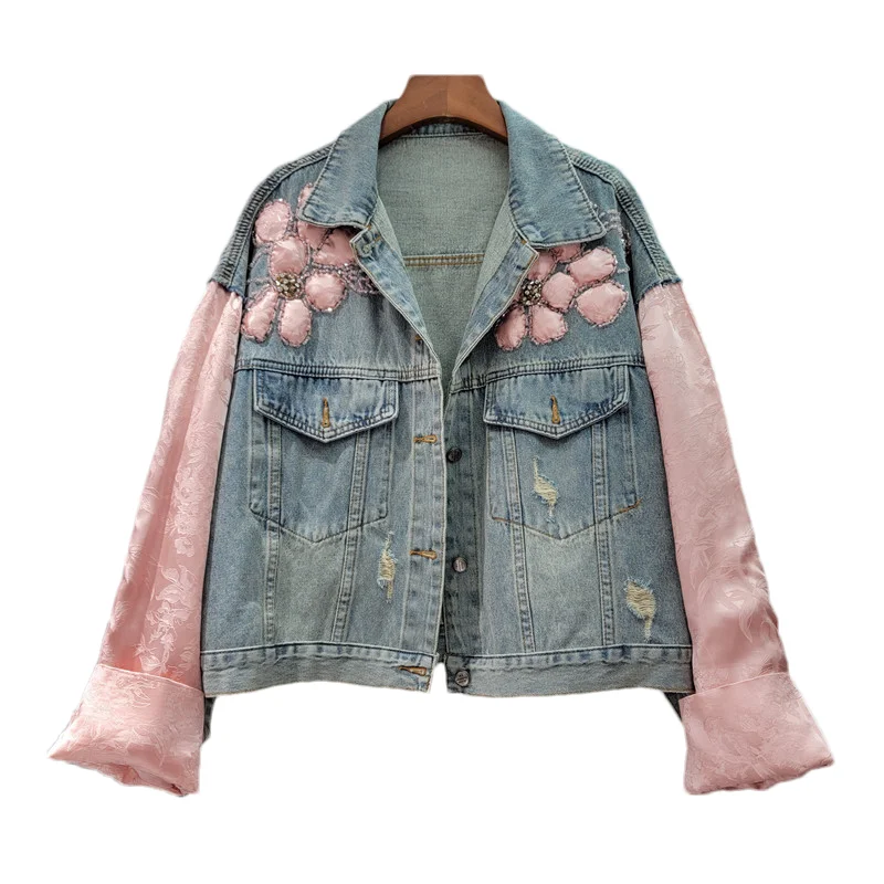 

Vintage Frayed Big Pocket Embroidery Splice Denim Jacket Women Loose Short Cowboy Outerwear Long Sleeve Jeans Jacket Coat Female