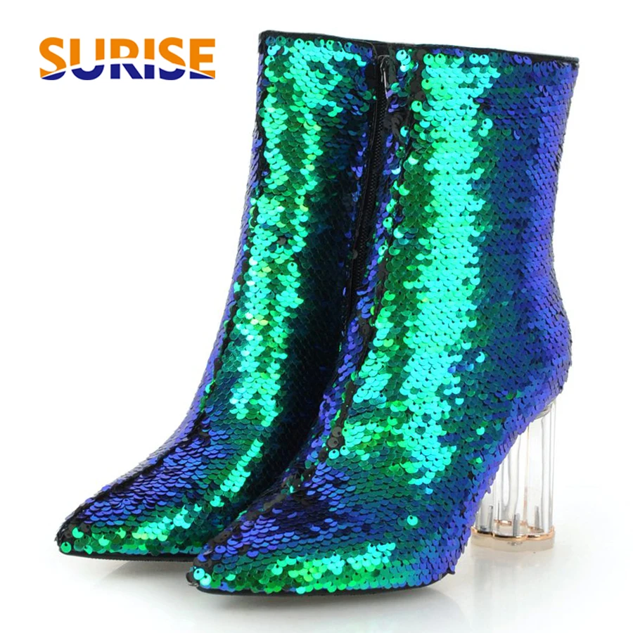 Green Gold Sequined Cloth Ankle Boots Women High Crystal Heels Silver Bling Color Changing Ladies Pointed Toe Zipper Ankle Boots
