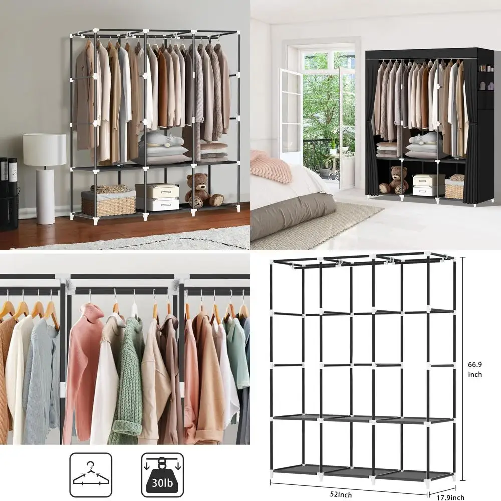 

Портативный шкаф для одежды с 3 стержнями, 6 полками и 4 карманами — черный, простая сборка, прочный и стабильный