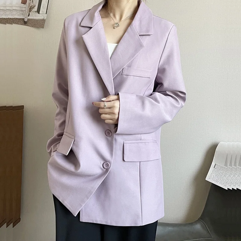 Korean Casual Single-breasted Women Suit Jacket Spring Notched Collar Long Sleeve Female Blazers Coat Black Apricot Light Purple