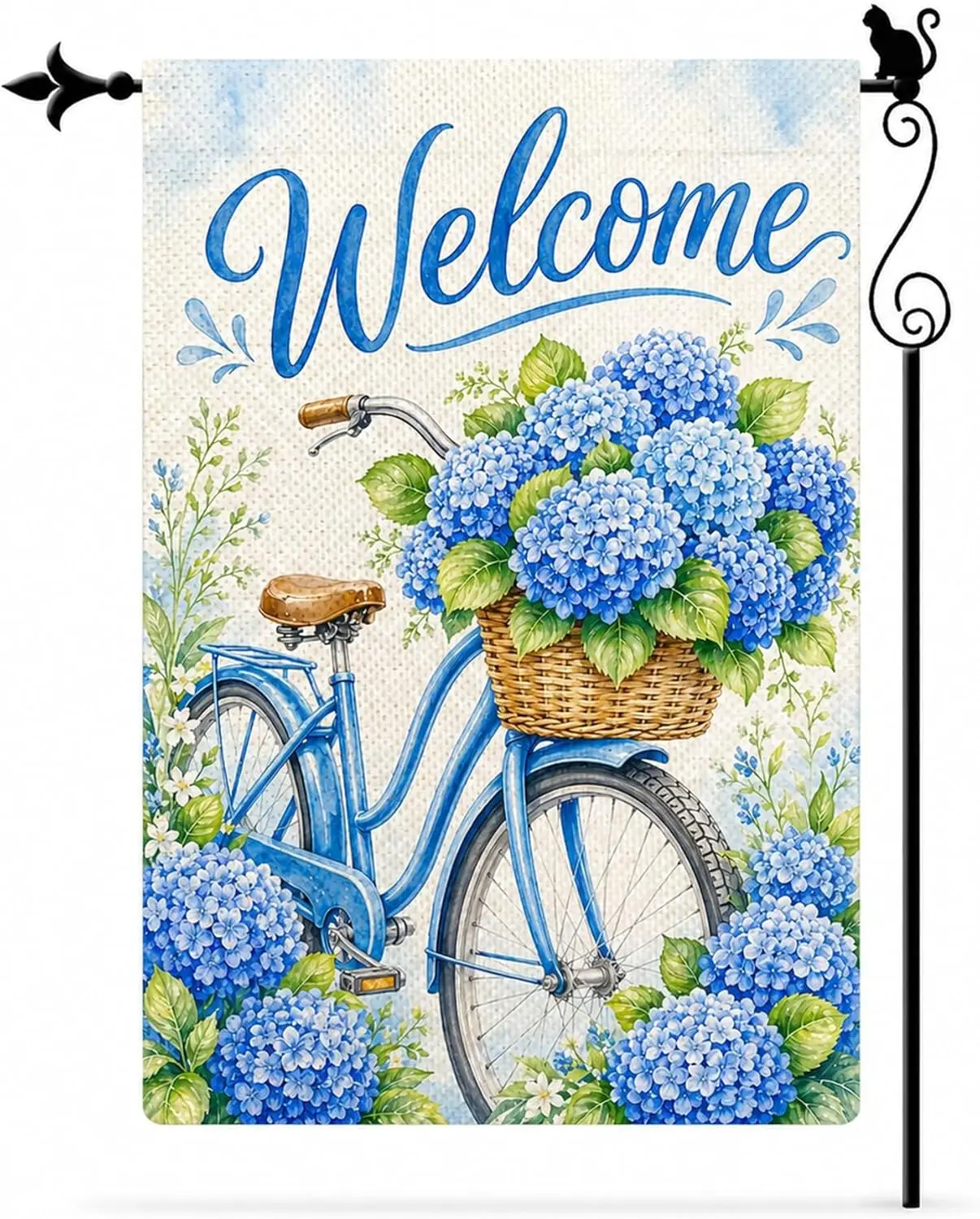 Welcome Blue Bicycle Hydrangea Garden Flag, Double Sided Floral Outdoor Yard Flag, 12 x 18 Inch Burlap Seasonal Porch Patio jjp