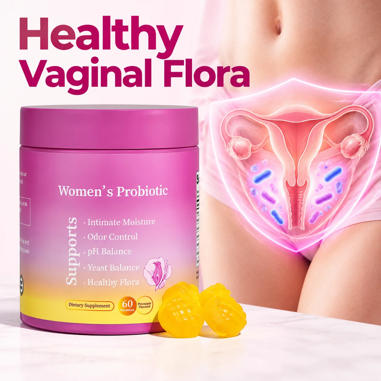 Probiotic Gummies Pineapple Flavor with Prebiotics for Daily Gut Health Support Maintain PH Balance 60pcs Per Bottle